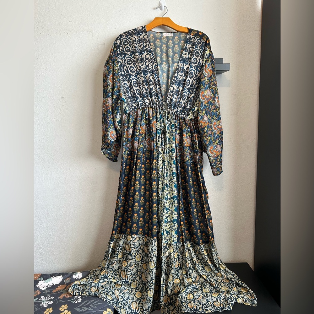 Free People Multi-Print Navy Blue Paisley Maxi Swim Coverup